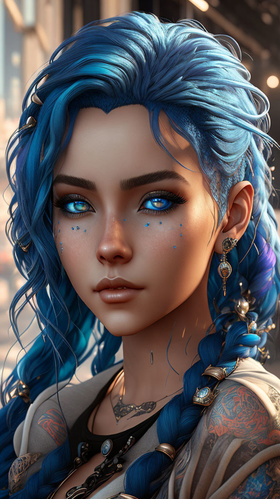 Detailed digital portrait of a woman with blue hair, tattoos, and glittering blue eyes