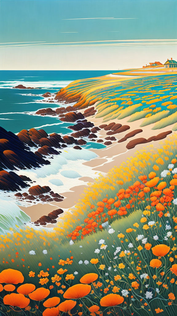 Colorful coastal landscape with orange flowers, patterned cliffs, sandy beach, and distant house.