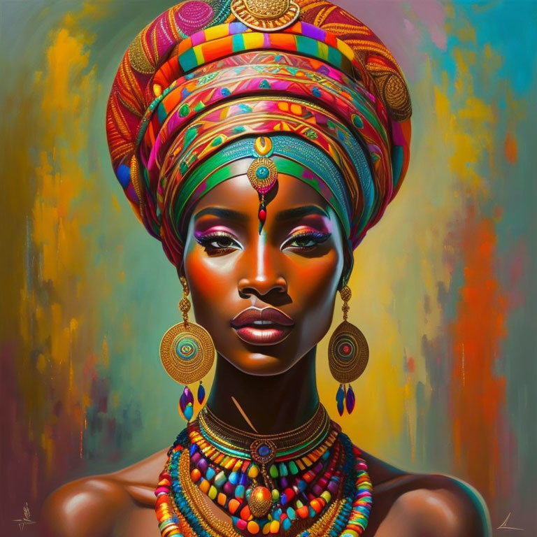 Colorful portrait of a woman with headwrap, earrings, and necklaces on warm-toned backdrop