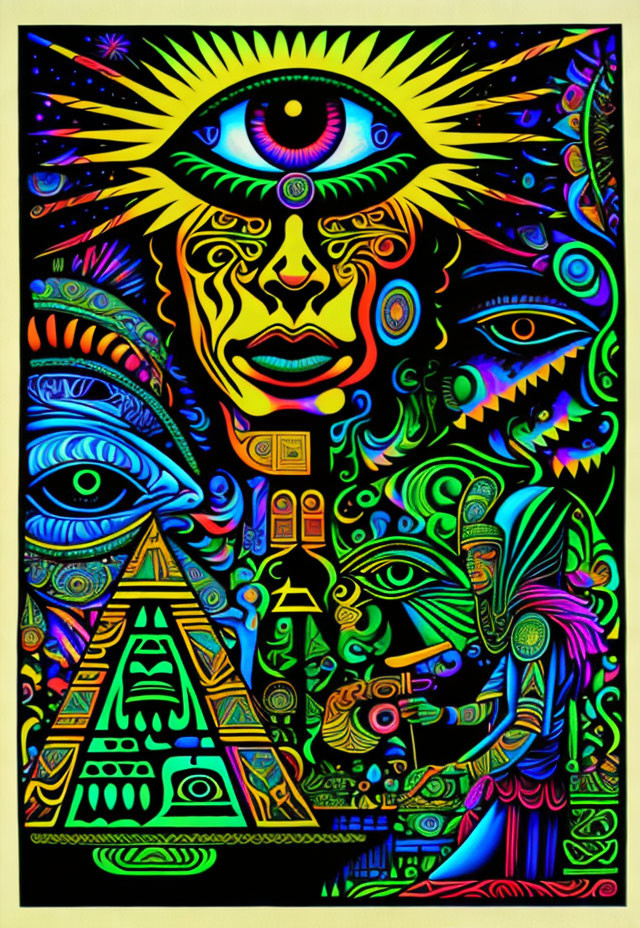 Colorful psychedelic art with all-seeing eye, faces, celestial motifs, and Egyptian pyramid.