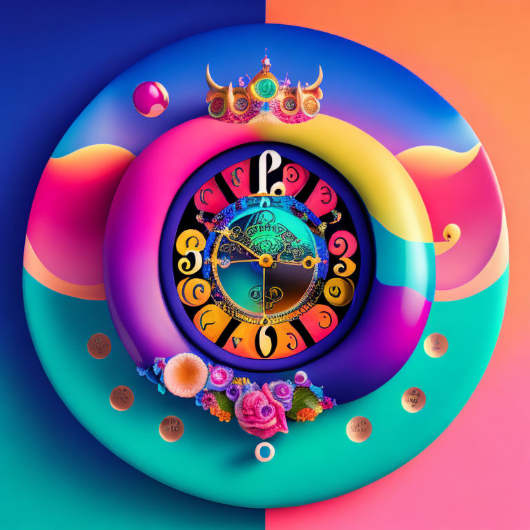 Colorful surreal clock with elaborate ornaments on rainbow background