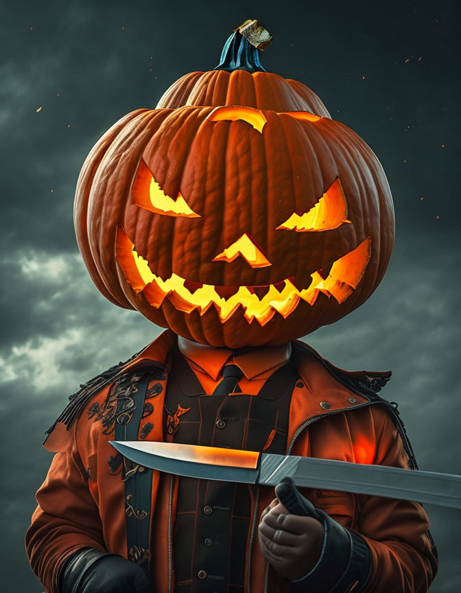 Glowing Jack-o'-lantern Head Person with Blade in Stormy Sky