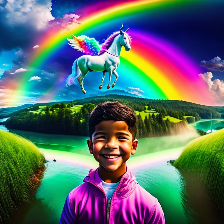 Smiling boy in purple jacket with fantasy rainbow and unicorn