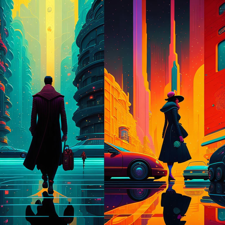 Futuristic cityscape art: Two figures, neon colors, skyscrapers, retro-fut