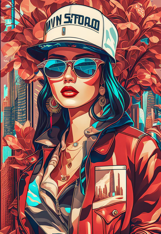 Fashionable woman in sunglasses and cap with urban background and autumn leaves.