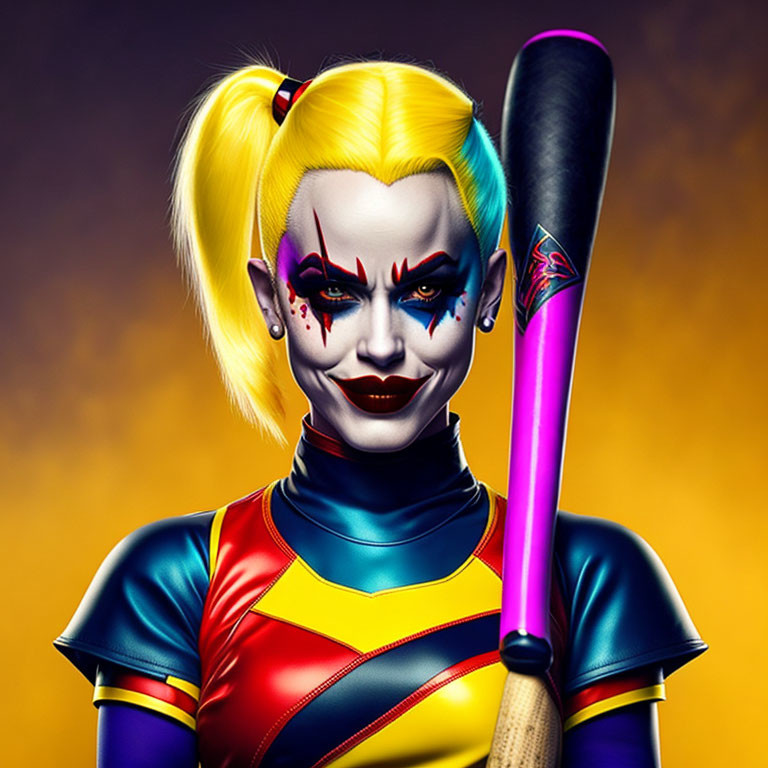 Blonde woman with pigtails in colorful outfit and makeup holding a baseball bat