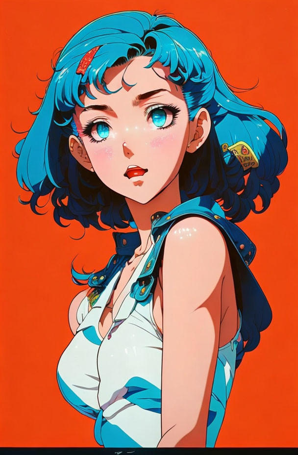 Blue-haired girl in anime-style with white outfit and blushing cheeks