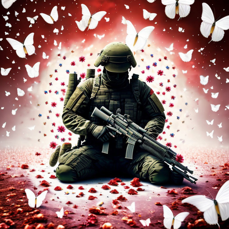 Soldier in combat gear surrounded by falling petals and white butterflies on red backdrop