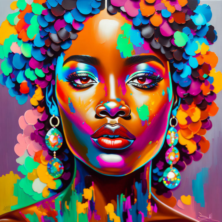 Colorful portrait of woman with headdress and dramatic makeup