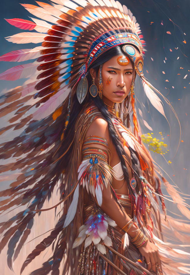 Detailed Native Headdress and Jewelry on Woman Amidst Soft Light