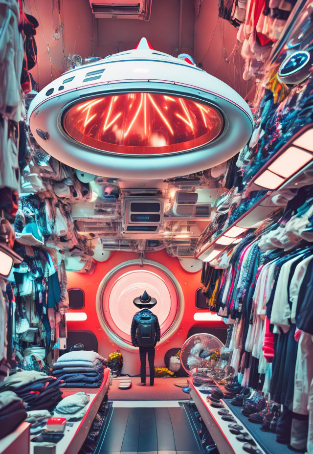 Cowboy hat person in futuristic laundry with colorful clothes and UFO ceiling.