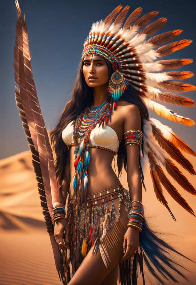 Woman in Native American attire with feather headdress and desert backdrop