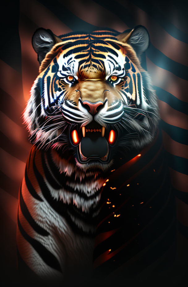 Digital Artwork: Roaring Tiger with Glowing Red Eyes on Dark Background