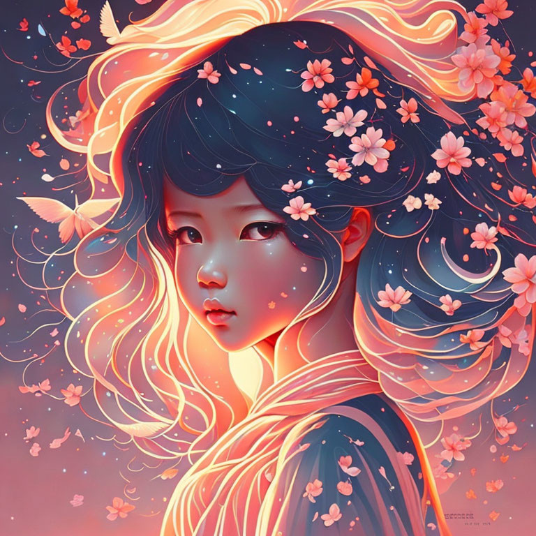 Illustration of a girl with blue hair and flowers in a fantasy setting