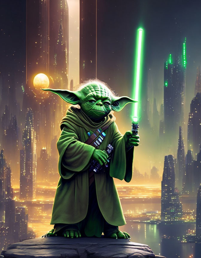 Digital artwork: Yoda from Star Wars with lightsaber in futuristic cityscape