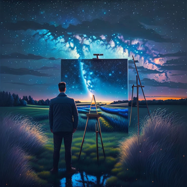 Person painting under starry night sky with cosmic landscape on canvas