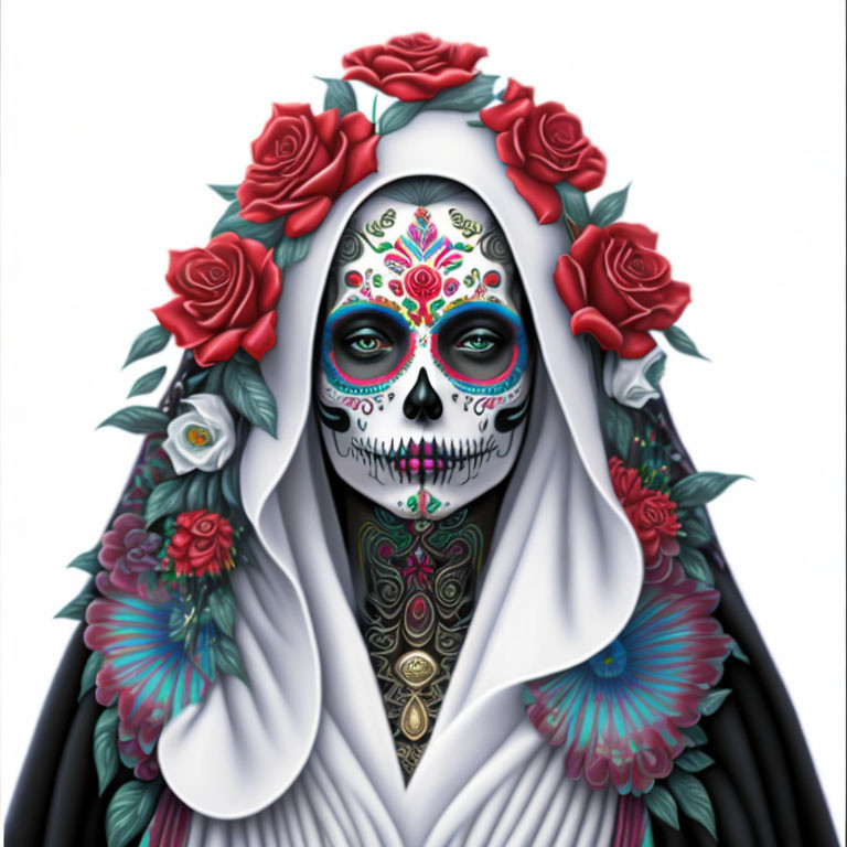 Vibrant Day of the Dead skull face illustration with roses & colorful motifs