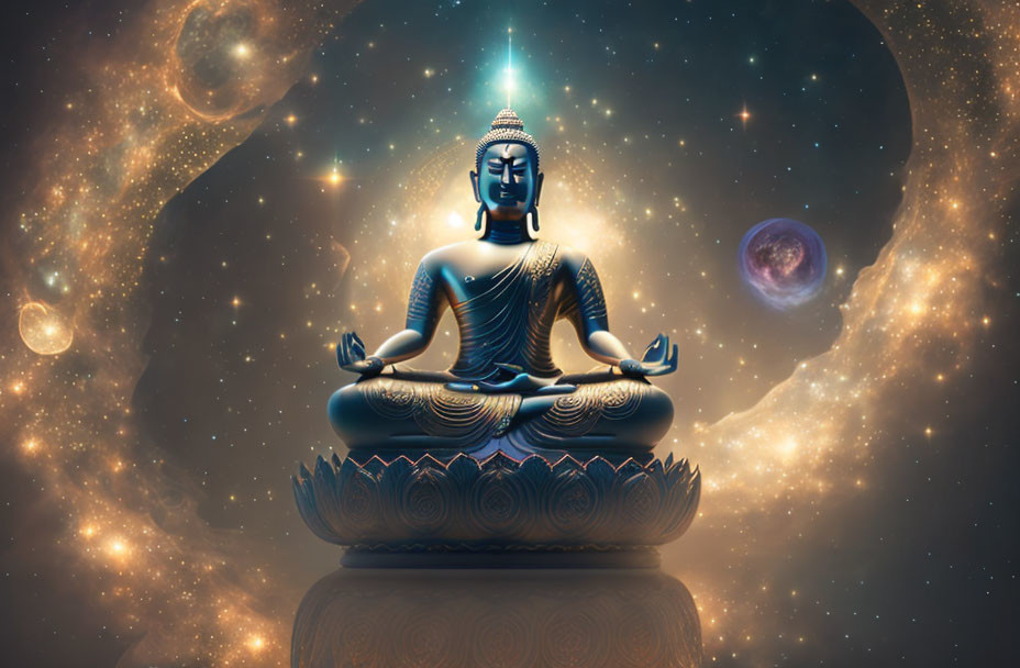 Meditating Buddha statue with cosmic background.