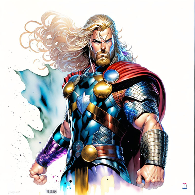 Muscular superhero with blond hair, red cape, armor, and lightning hammer