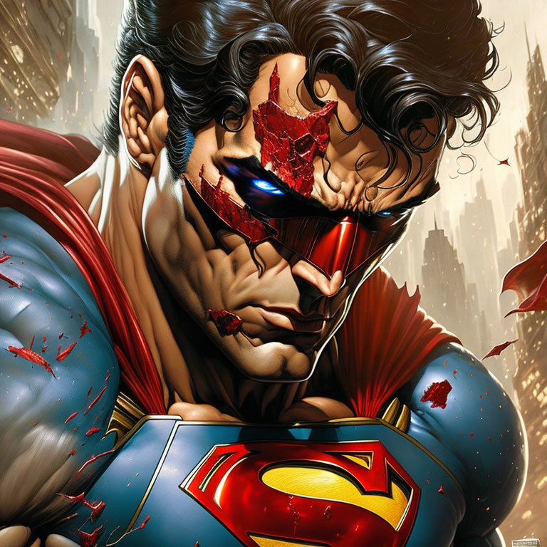 Detailed Illustration of Superman with Damaged Suit and Robotic Features