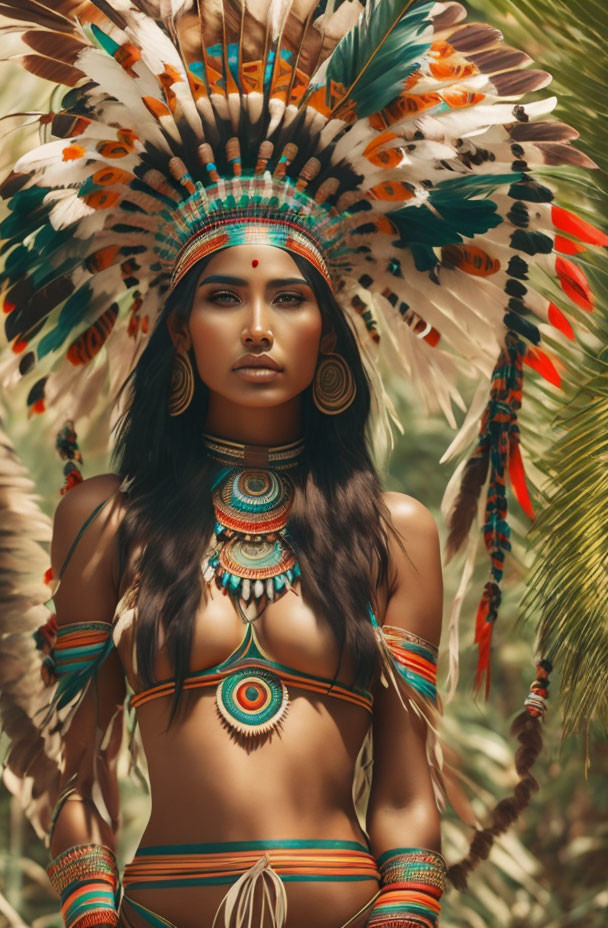 Elaborate feather headdress and beaded jewelry in leafy setting