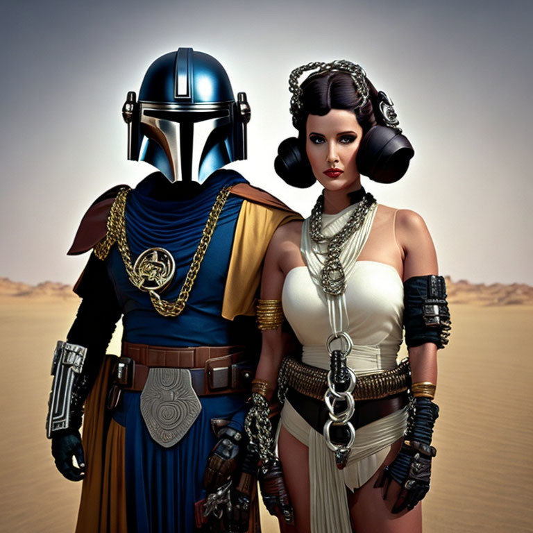 Two characters in desert: one in Mandalorian armor, one in white outfit with hair buns.