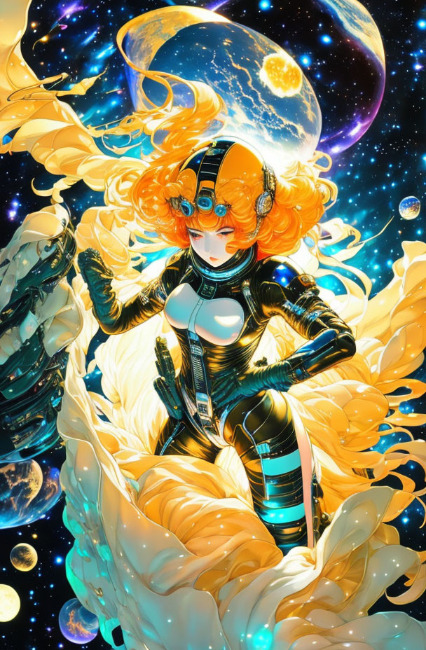 Futuristic female character with golden curls in black and white spacesuit against cosmic backdrop