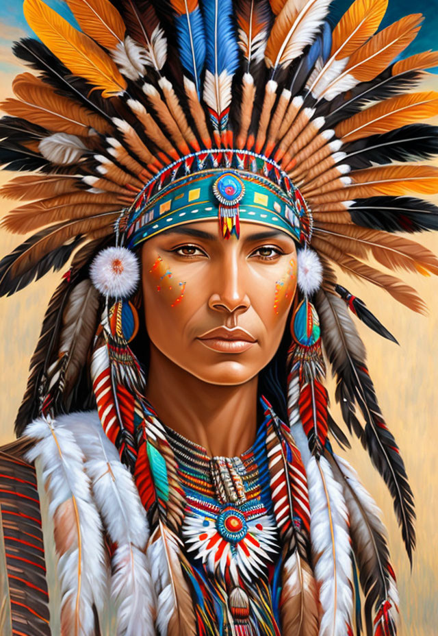 Portrait of a person in Native American headdress with feathers, tribal beadwork, and face paint