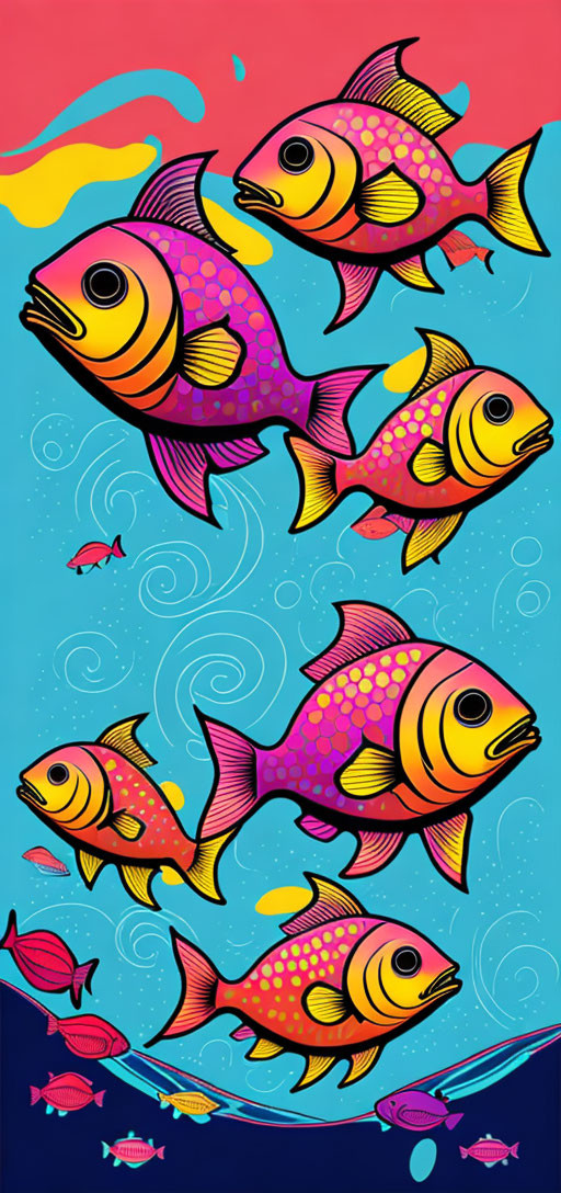 Vibrant, stylized fish swim in colorful sea with abstract waves