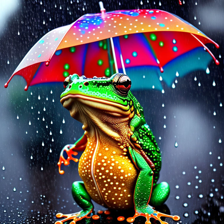 Colorful Frog Sheltered by Multicolored Umbrella in Rainstorm