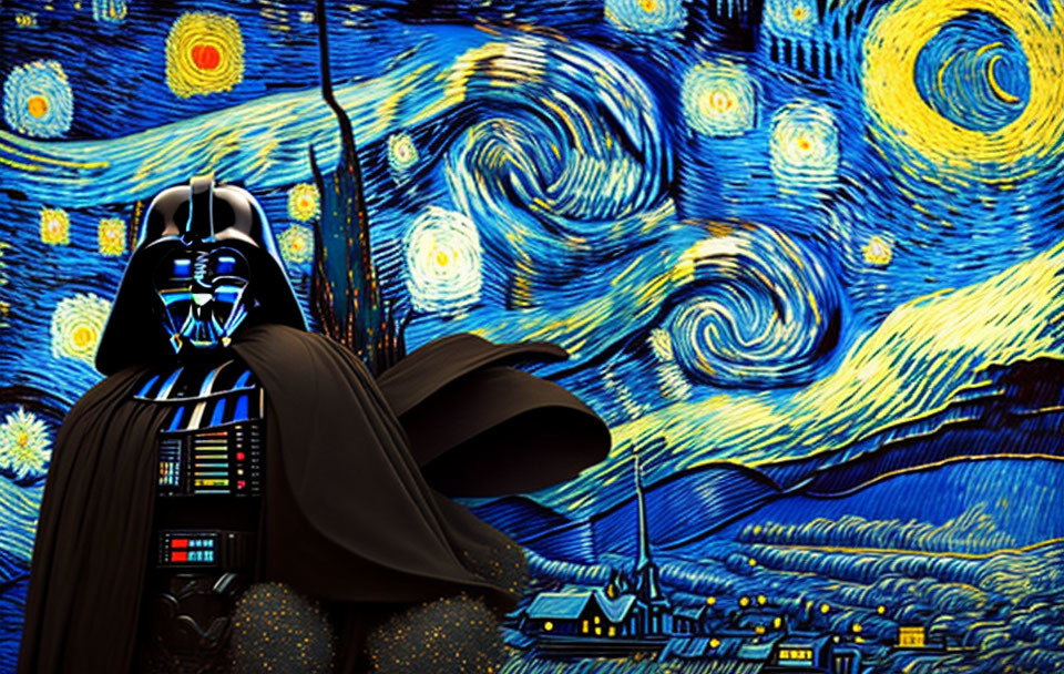 Person in Darth Vader costume against Van Gogh's "Starry Night" backdrop