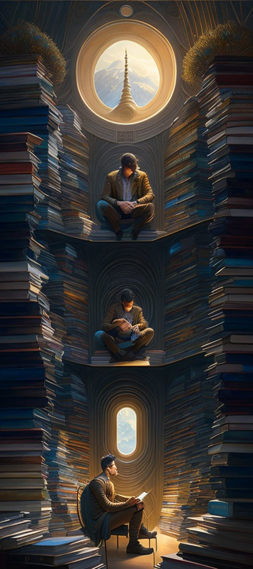 Three people reading books surrounded by towering stacks in circular openings.