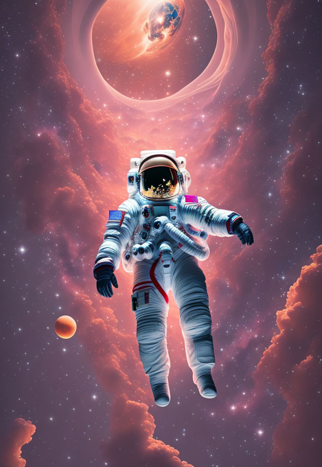 Astronaut floating with vibrant nebula and ringed planet in space