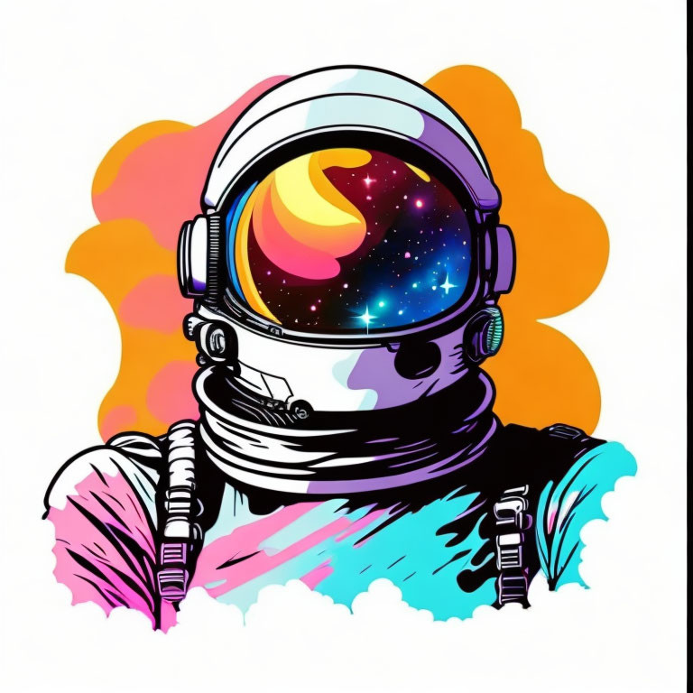 Vibrant astronaut illustration with cosmic reflection and cloud backdrop