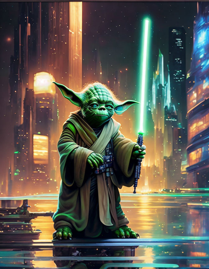 Yoda with lightsaber in futuristic cityscape illustration