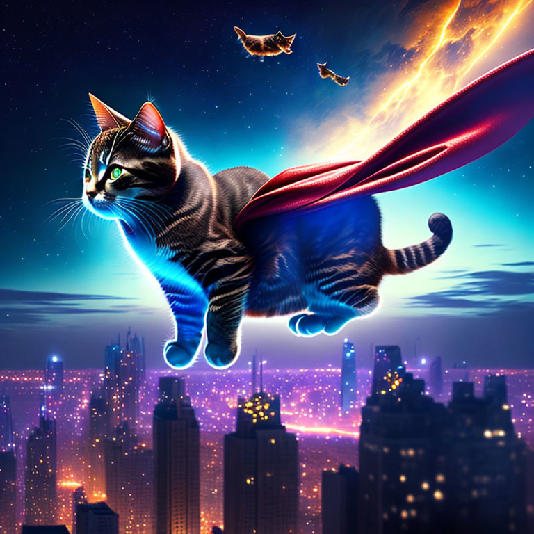 Superhero cat with red cape flying over nighttime cityscape