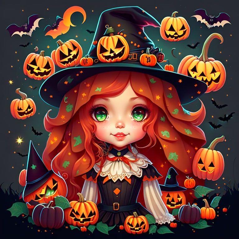 Red-haired girl in witch costume with pumpkins and bats on starry background