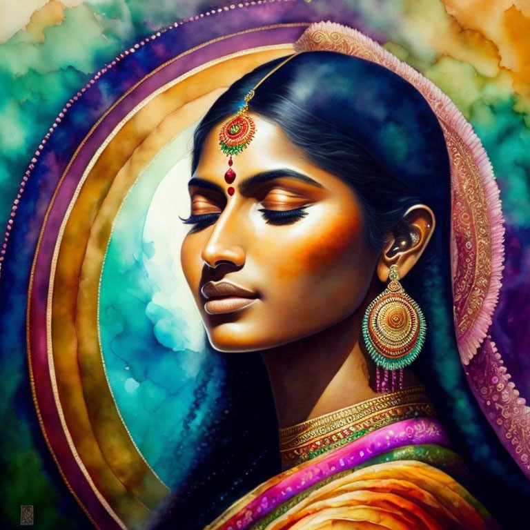 Colorful digital painting of a woman in traditional Indian jewelry and bindi against multicolored background.