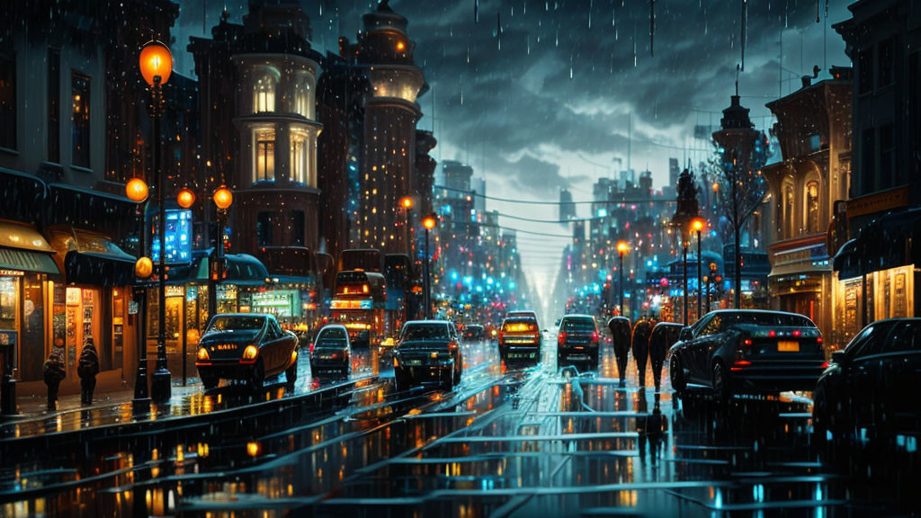 Urban night scene: rain-soaked city street with street lamps, car headlights, classic architecture