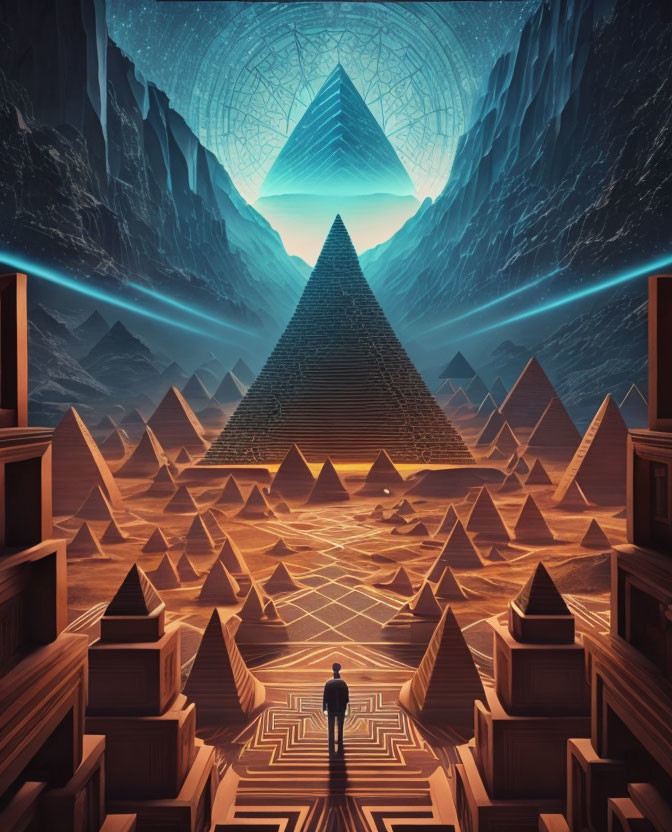 Person standing before array of pyramids under colossal glowing pyramid in geometric-patterned sky