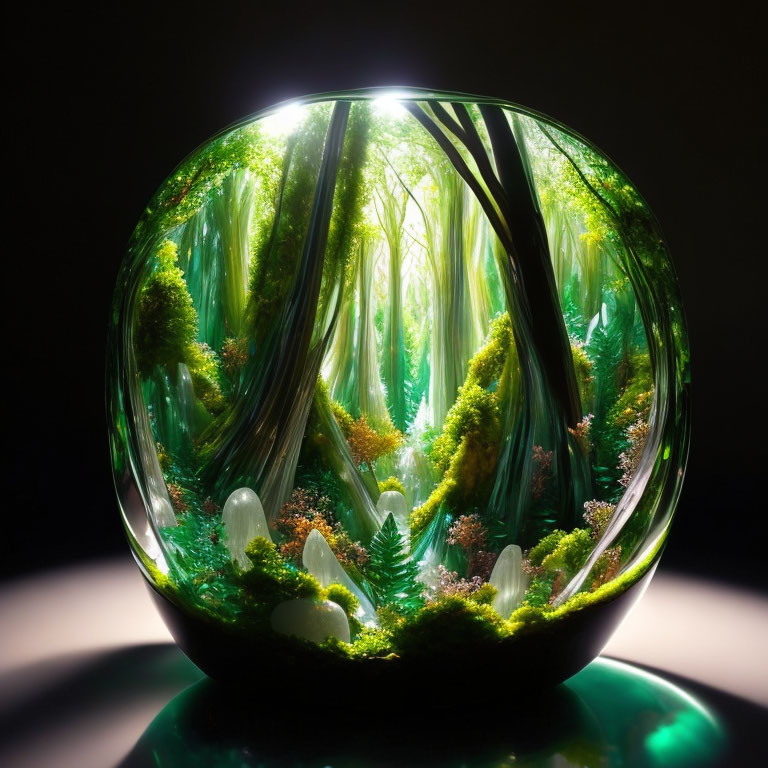 Glass Terrarium with Miniature Forest Scene and Dramatic Lighting