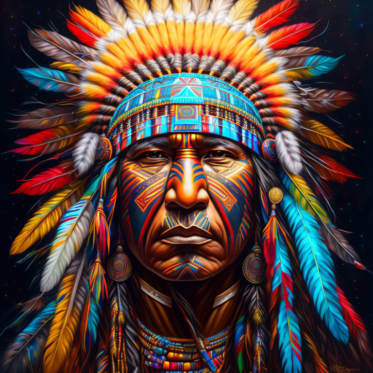 Colorful Native American Man Portrait with Feather Headdress