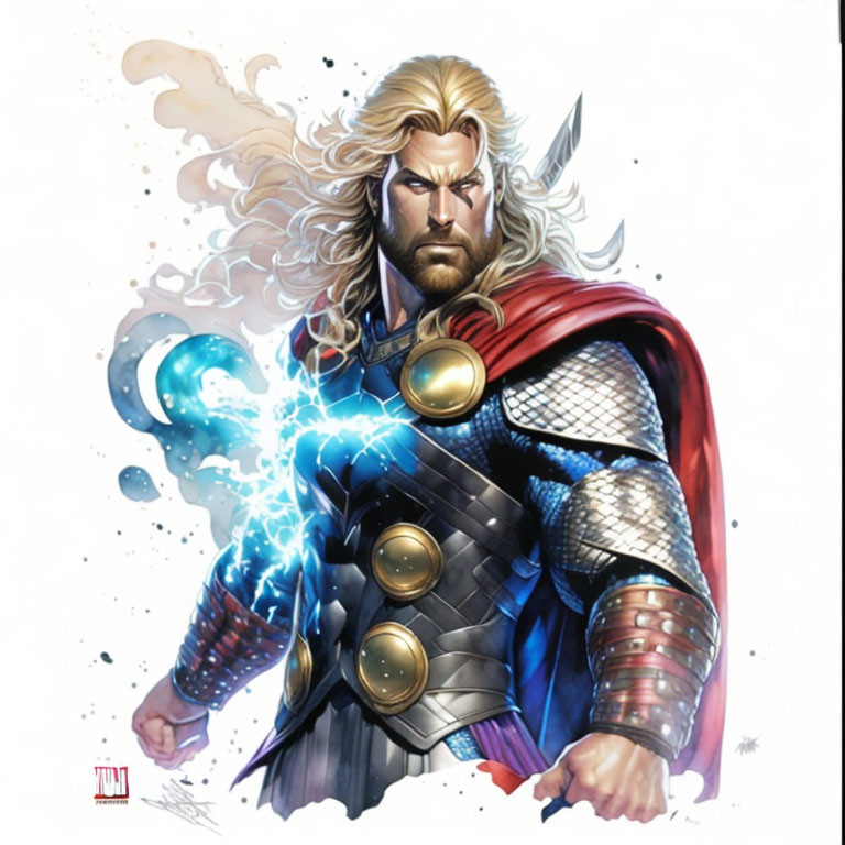 Muscular blond superhero in red cape wields blue energy hammer