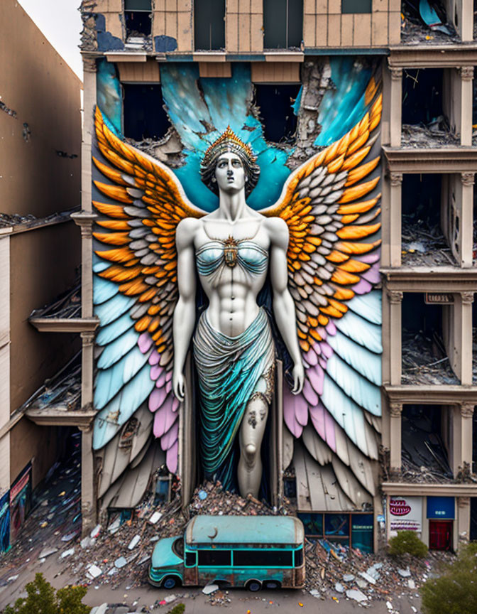 Colorful angelic figure mural with wings on building facade and green bus in urban setting