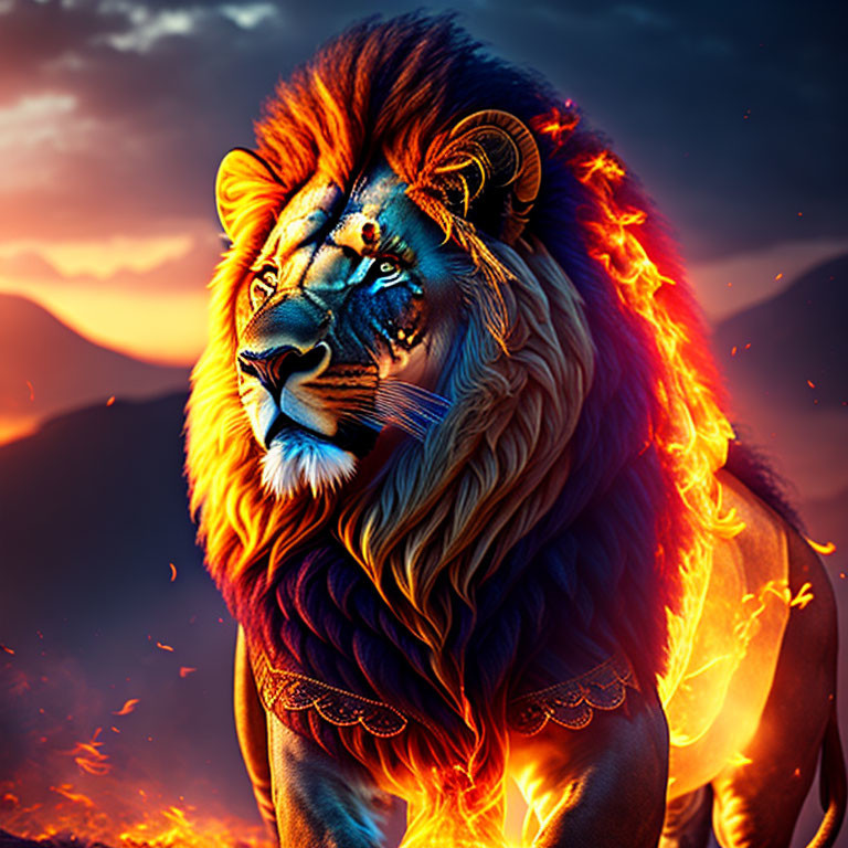 Majestic lion digital art with fiery mane in sunset backdrop