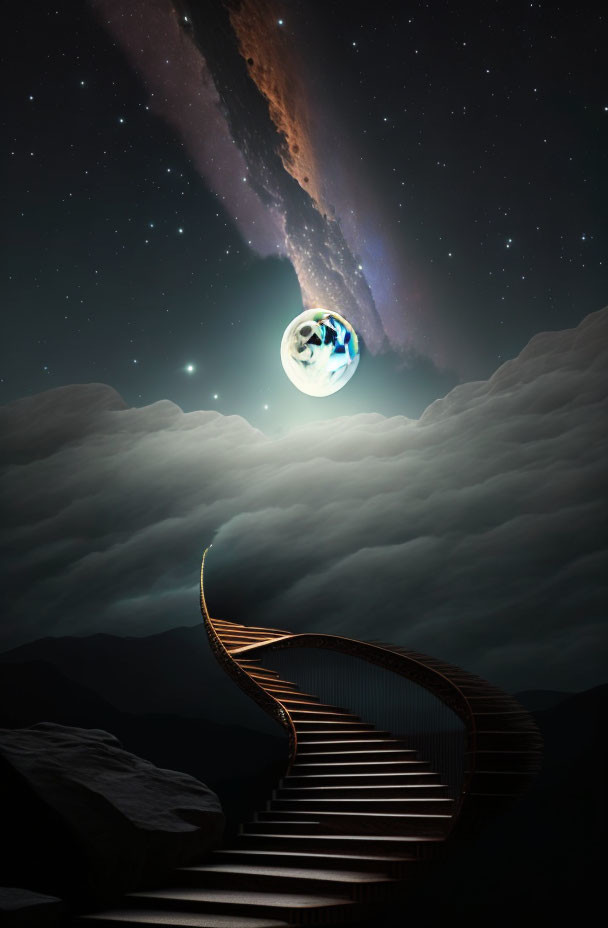 Surreal night scene with moon, staircase, clouds, planet, starry sky