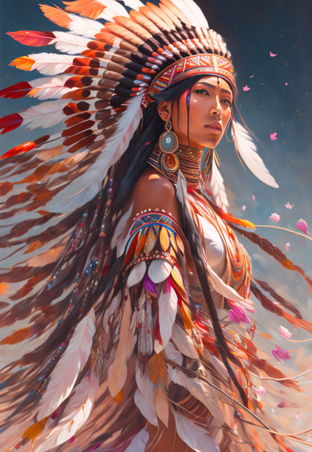 Detailed Native American headdress illustration with woman and falling pink petals