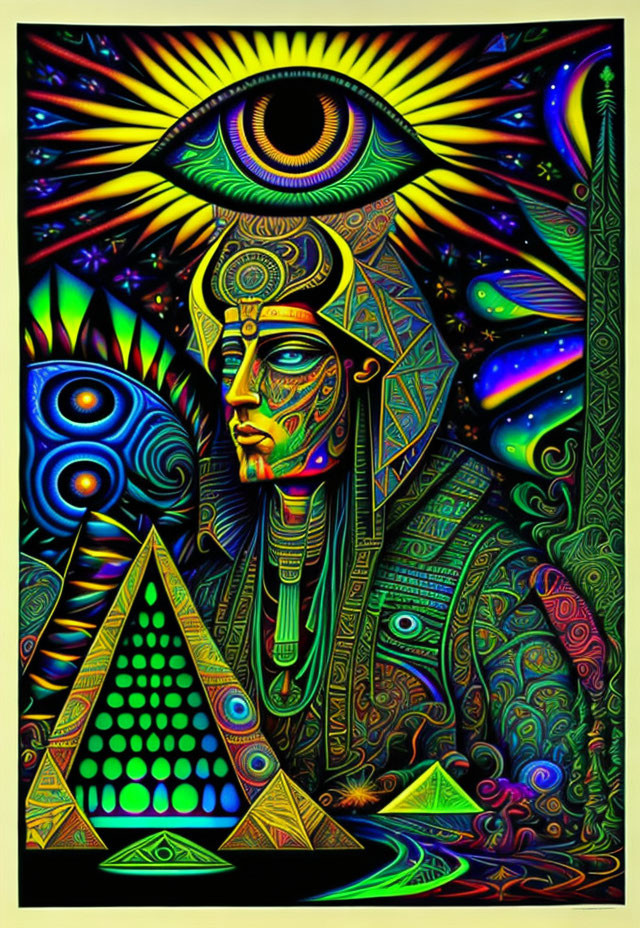 Colorful Egyptian Pharaoh Artwork with Third Eye and Geometric Patterns