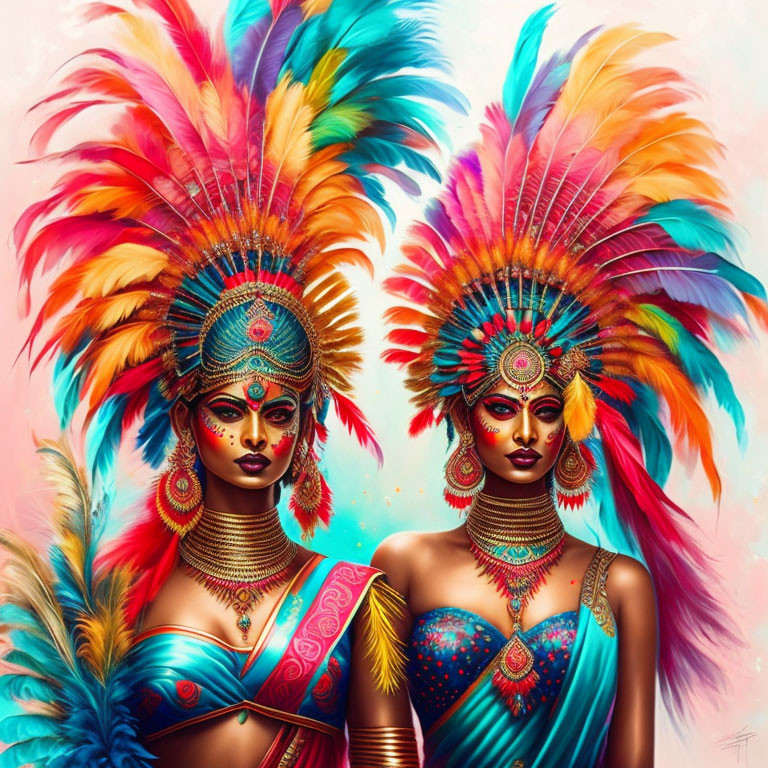 Colorful portrait of two women in vibrant feathered headdresses and jewel-toned makeup