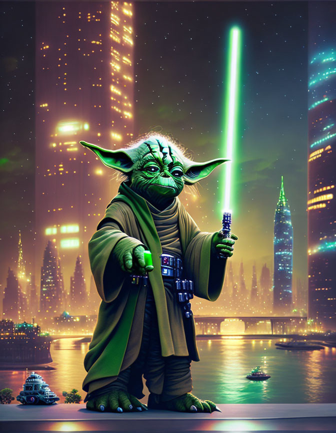 Young Yoda digital art with lightsaber in futuristic cityscape